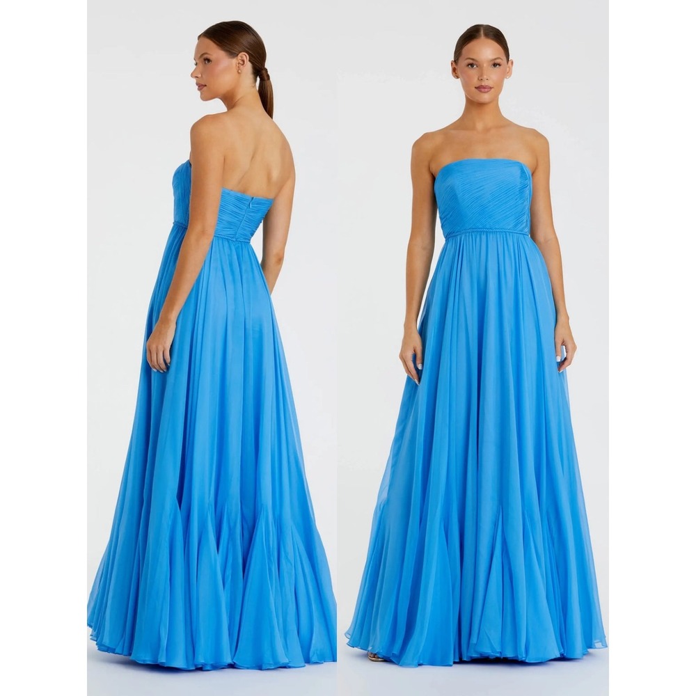 Mac Duggal Blue Strapless Chiffon Gown With Braided Belt Size 14
